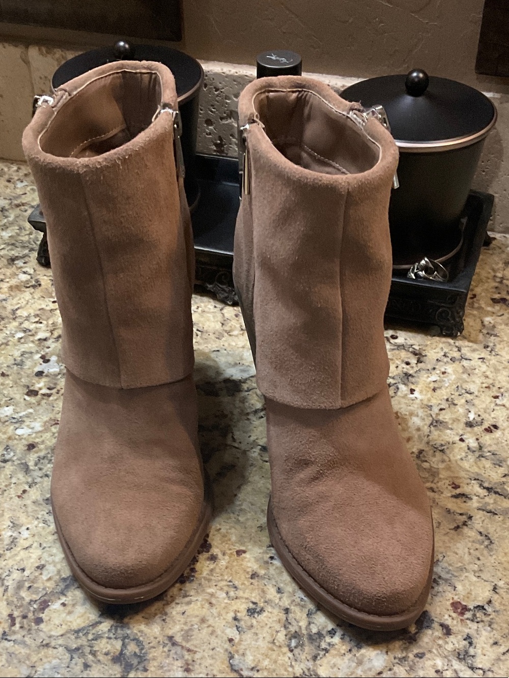Jessica Simpson Suede Fold-Over Ankle Booties in Tan